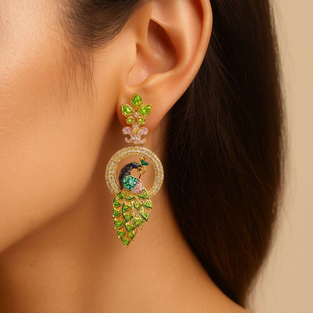 Close-up of a woman wearing a decorative earring with green gemstones.