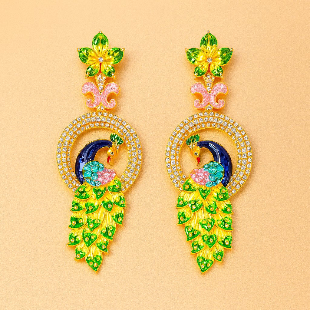 Pair of silver AD Earrings for Women with green gemstones on a white background