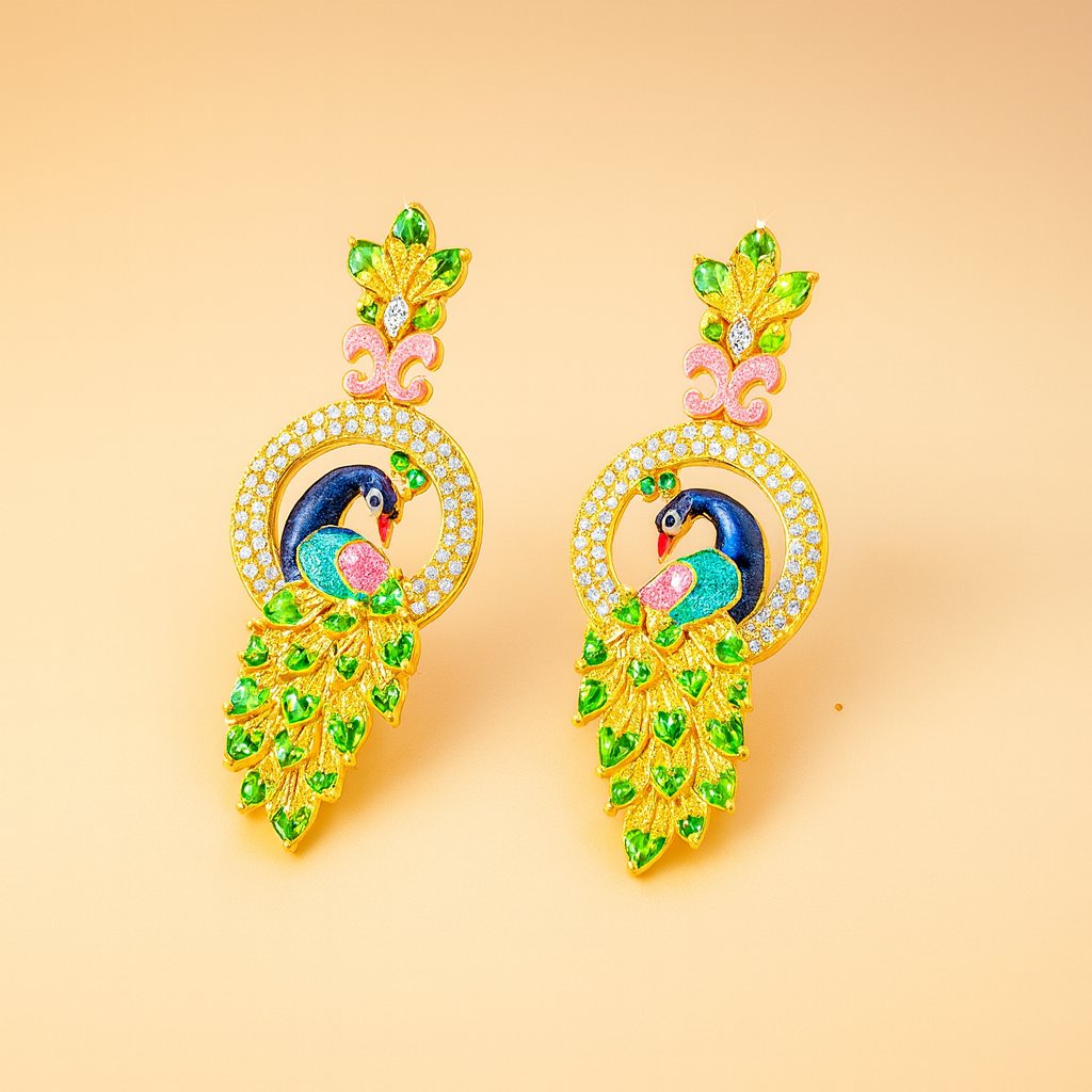 Ornate AD Earrings for Women with peacock design on a beige background