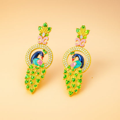 Ornate AD Earrings for Women with peacock design on a beige background