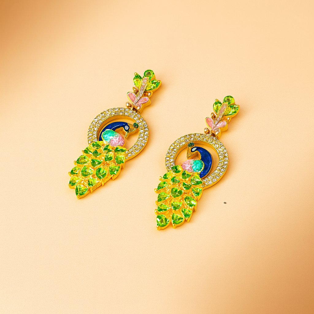 Colorful peacock-shaped AD Earrings for Women on a beige background