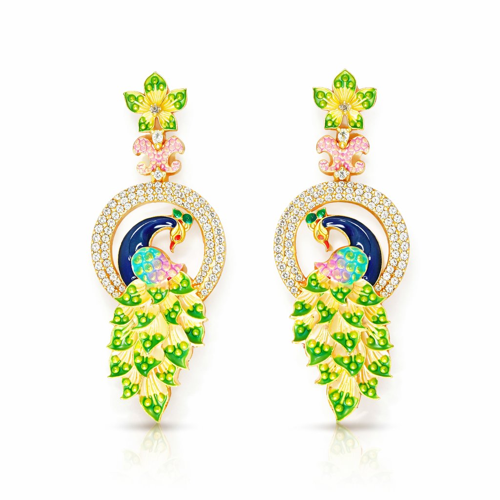 Pair of silver AD Earrings for Women with green gemstones on a white background
