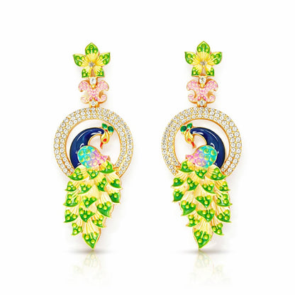 Pair of silver AD Earrings for Women with green gemstones on a white background