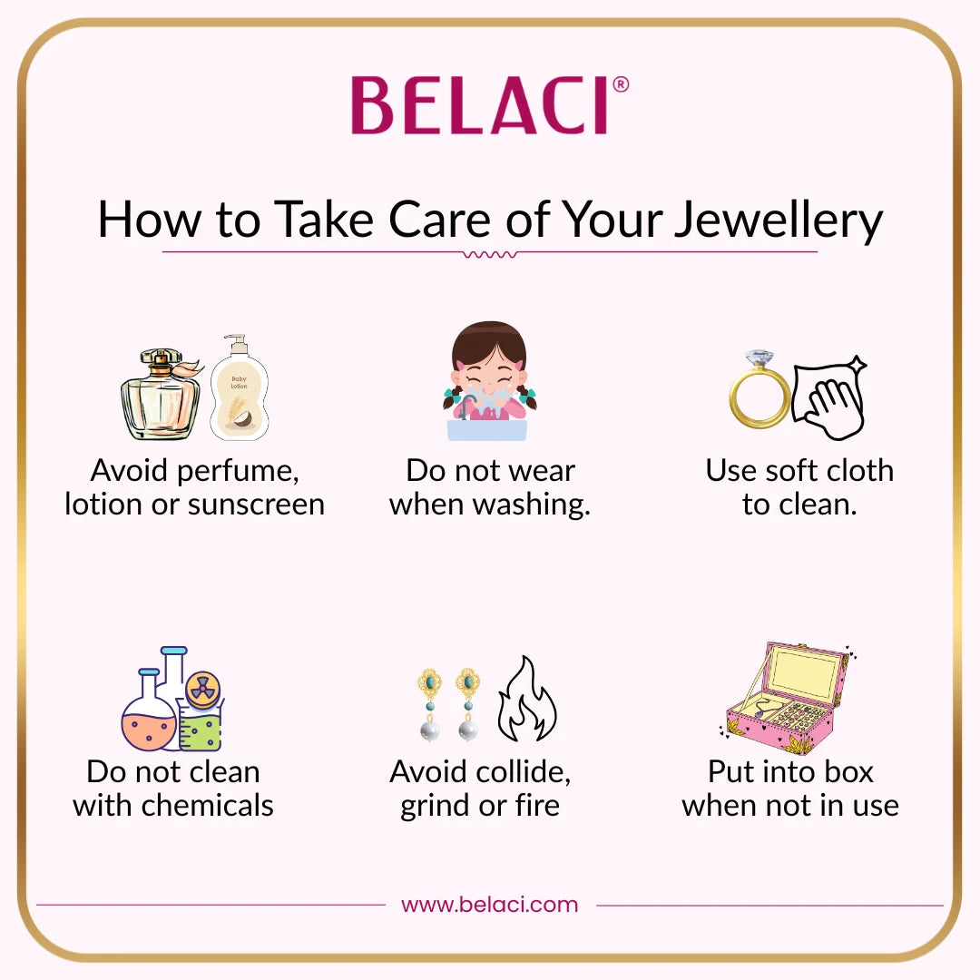 Belaci infographic on how to take care of jewelry with icons and text.