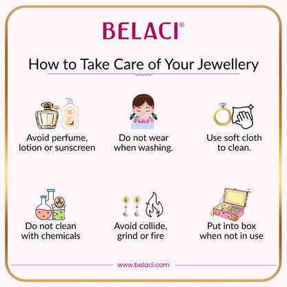 Belaci infographic on how to take care of jewelry with icons and text.