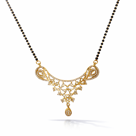 Gold AD Mangalsutra with intricate design on a white background