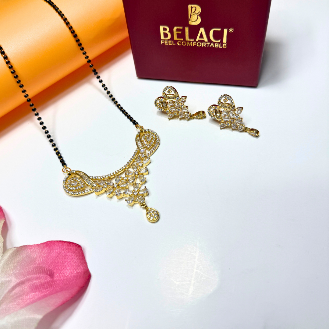Gold AD Mangalsutra and earrings with a BELACI box on a white background