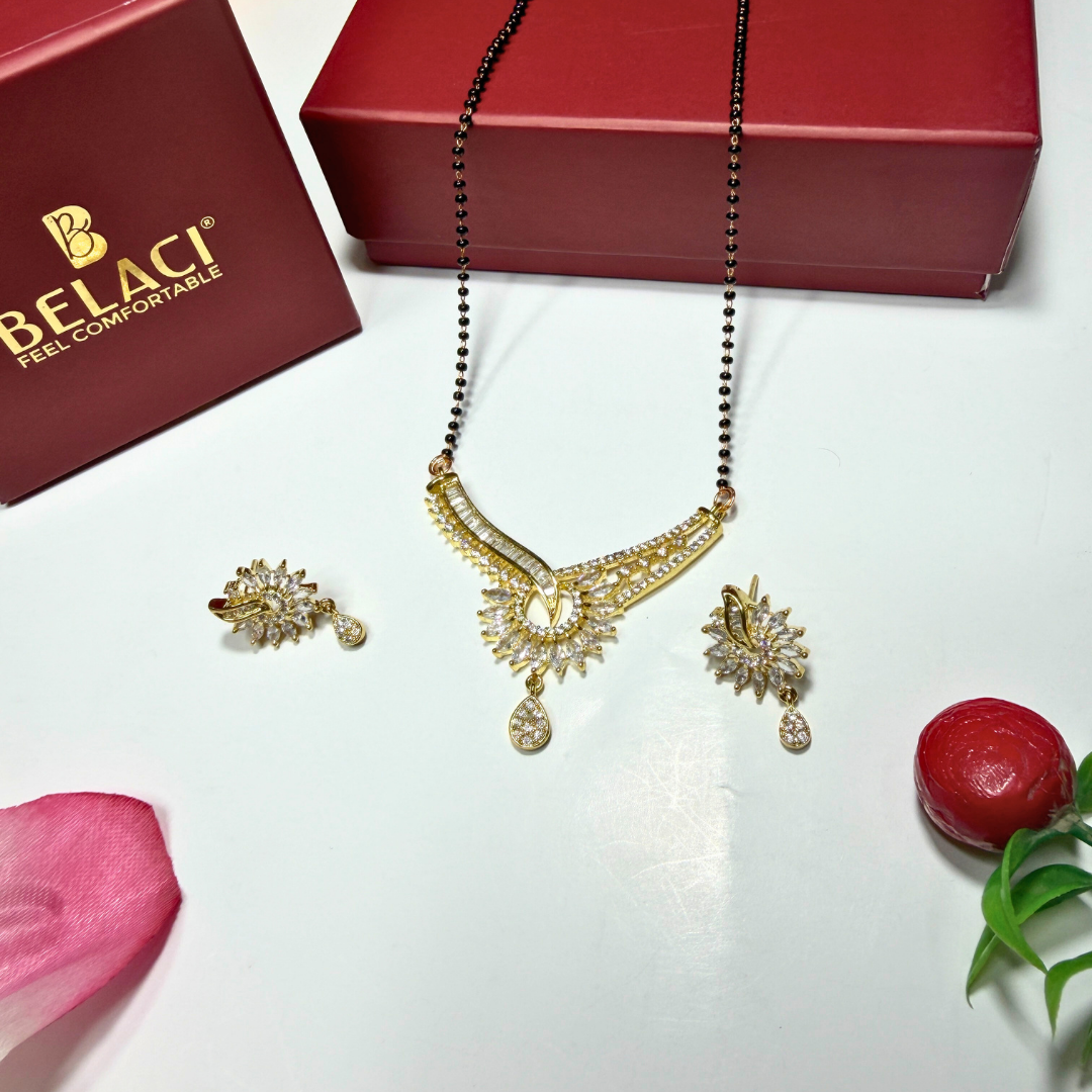 Gold AD Mangalsutra and earrings with a BELACI box on a white background