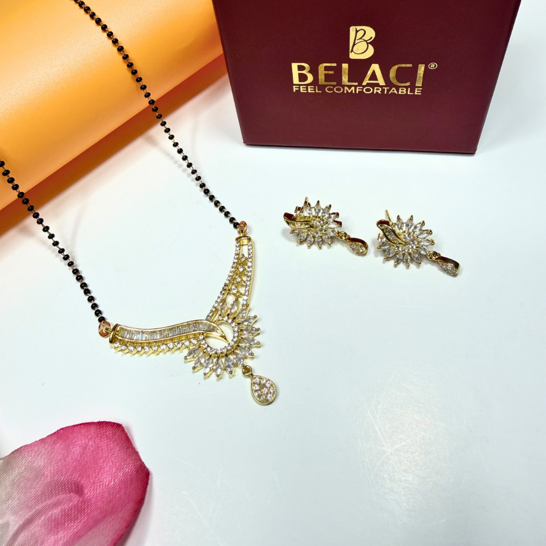 Gold AD Mangalsutra and earrings with BELACI branding on a white background