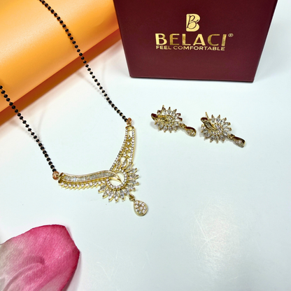 Gold AD Mangalsutra and earrings with BELACI branding on a white background
