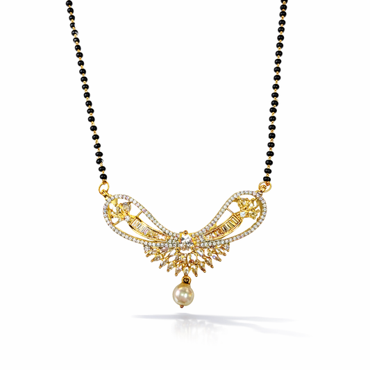Gold AD Mangalsutra with a pearl pendant on a white background