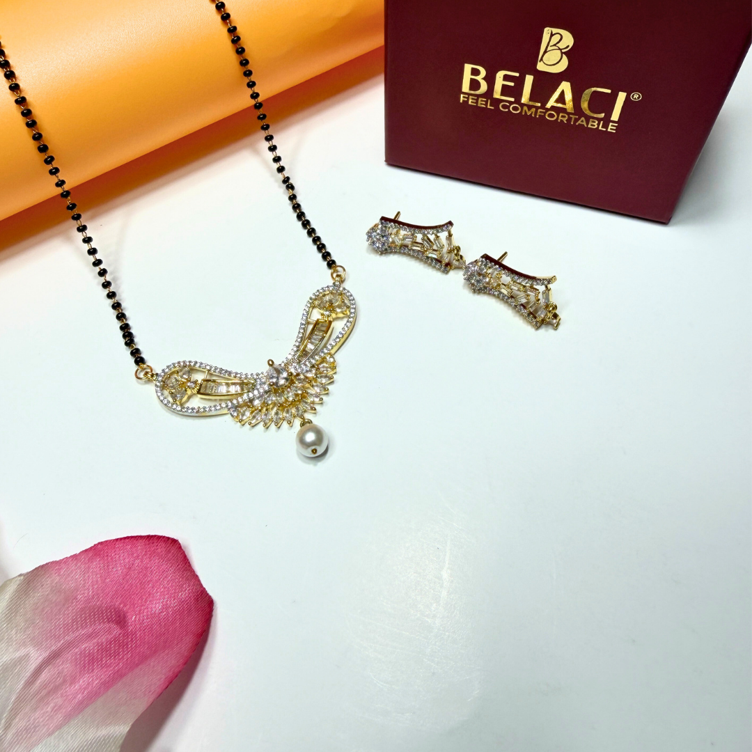AD Mangalsutra Jewelry set with necklace and earrings on a white surface, Belaci brand visible.