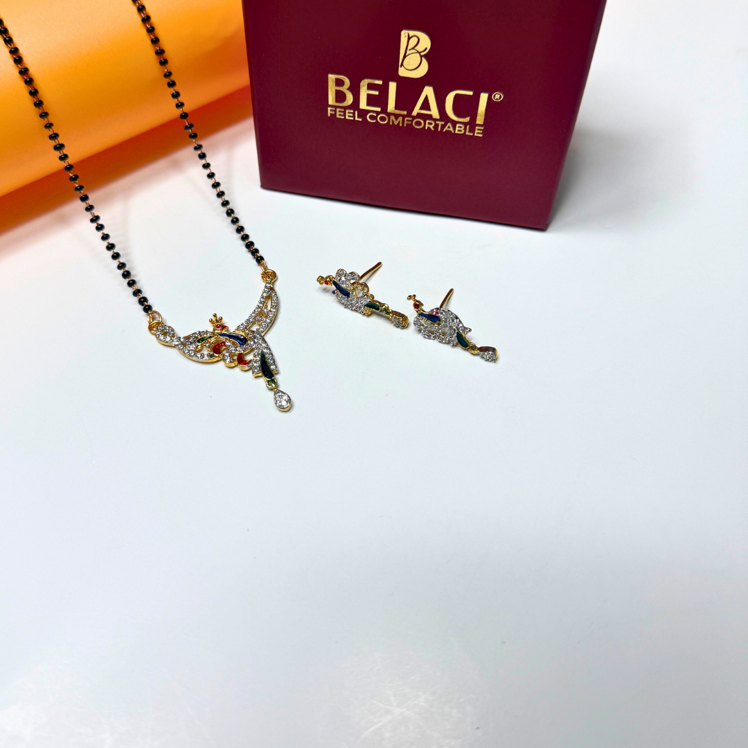 AD Mangalsutra Jewelry set with necklace and earrings on a white surface, Belaci brand visible.