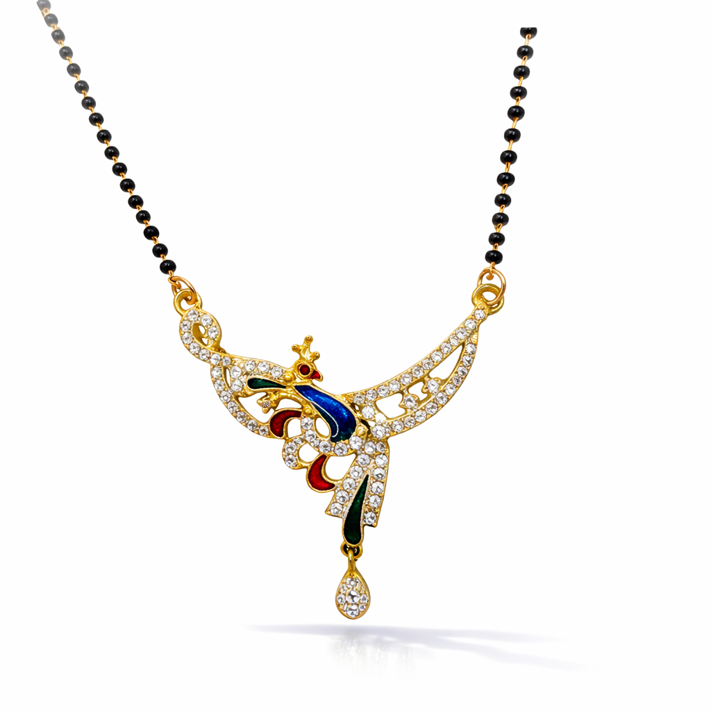 Gold AD Mangalsutra with colorful pendant on a white background