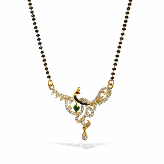 AD Mangalsutra with a peacock pendant on a white background