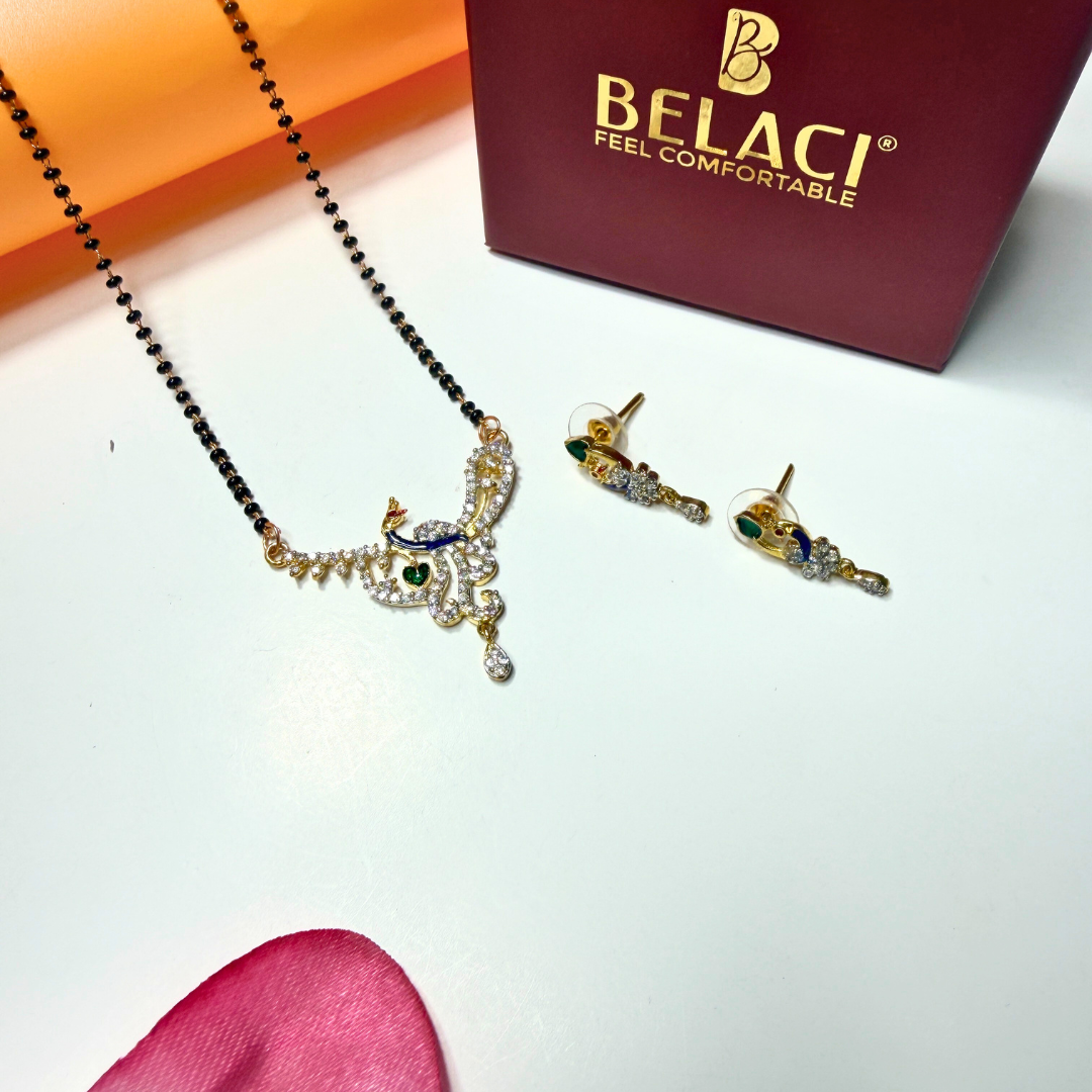 AD Mangalsutra Jewelry set with necklace and earrings on a white surface, Belaci brand visible.