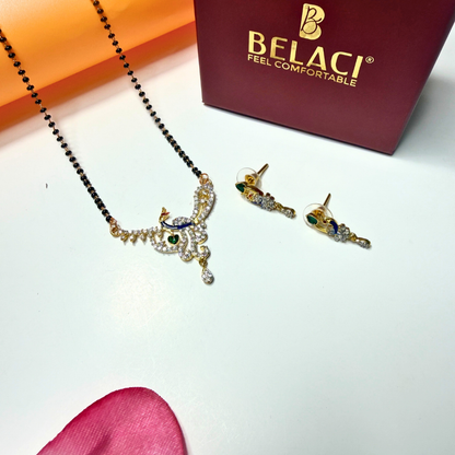 AD Mangalsutra Jewelry set with necklace and earrings on a white surface, Belaci brand visible.