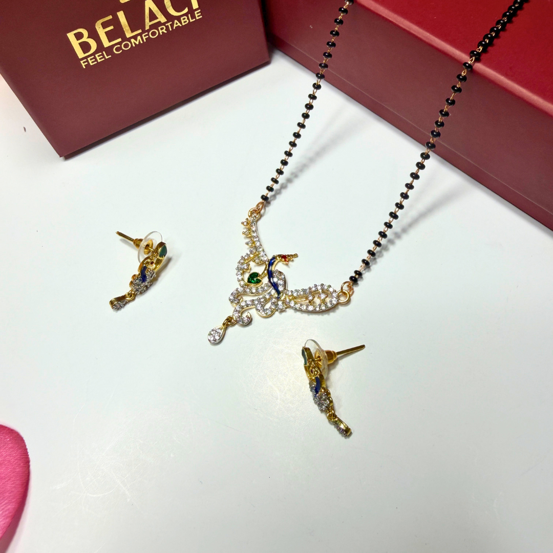 AD Mangalsutra Jewelry set with necklace and earrings on a white surface, Belacch brand visible.