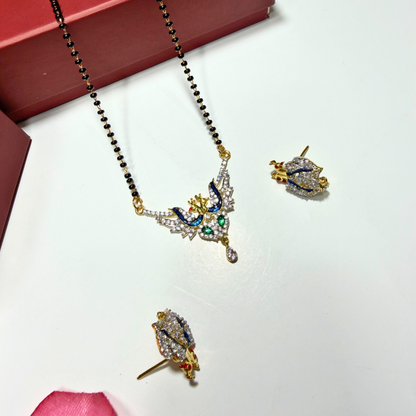 AD Mangalsutra Jewelry set with necklace, ring, and earrings on a white background