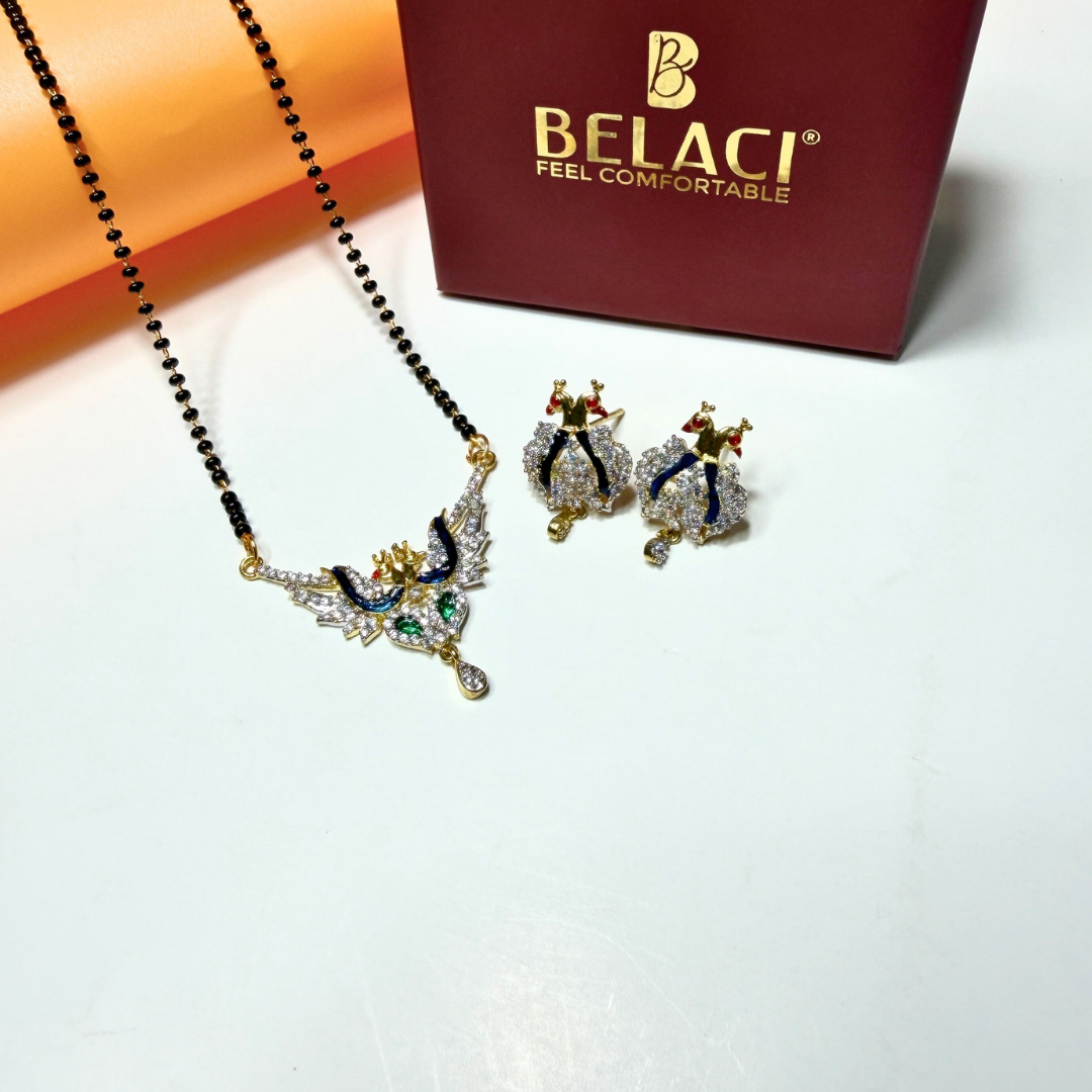 AD Mangalsutra Jewelry set with necklace and earrings on a white surface, Belaci brand visible.