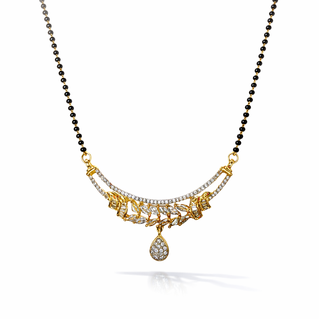 Gold and black beaded AD Mangalsutra with a decorative pendant on a white background