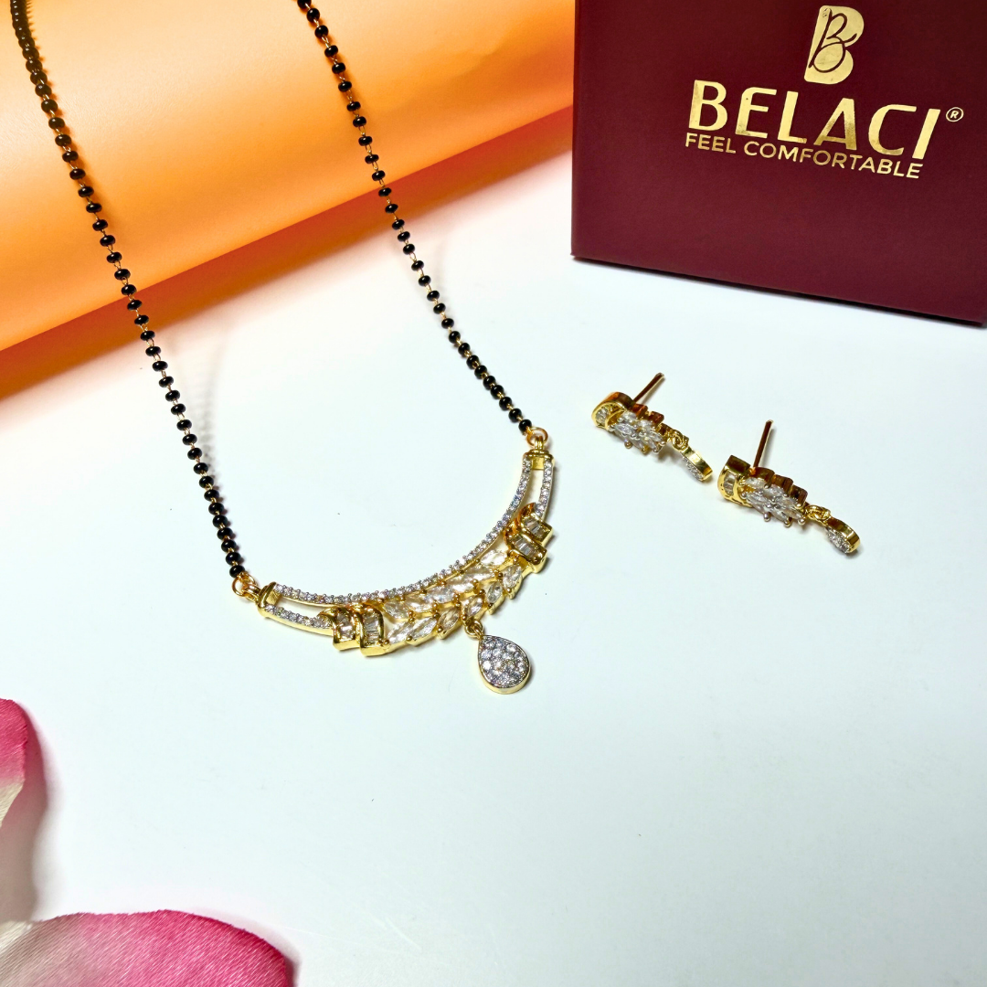 Gold AD Mangalsutra and earrings with BELACI branding on a white background