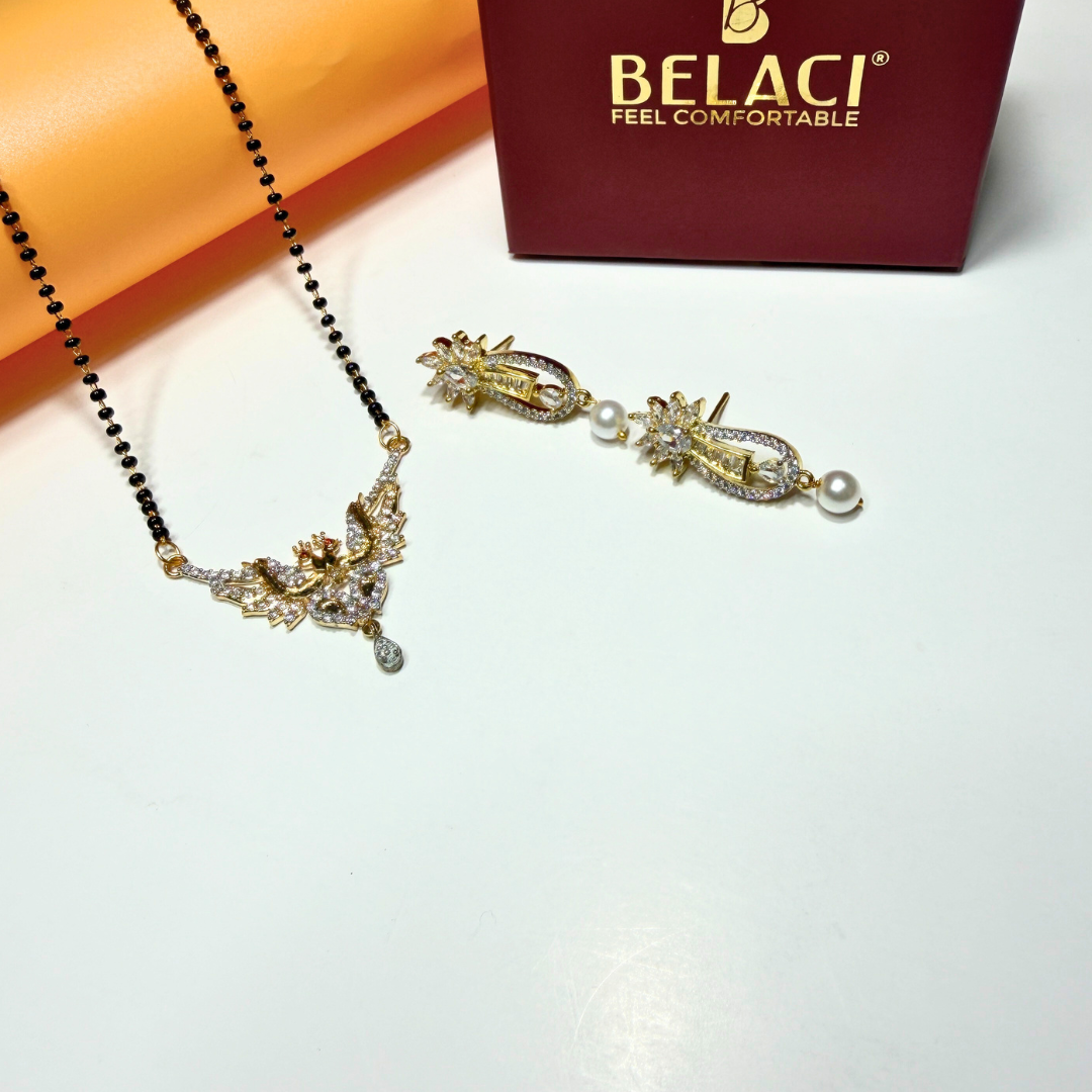 Gold AD Mangalsutra and earrings with a Belaci box in the background
