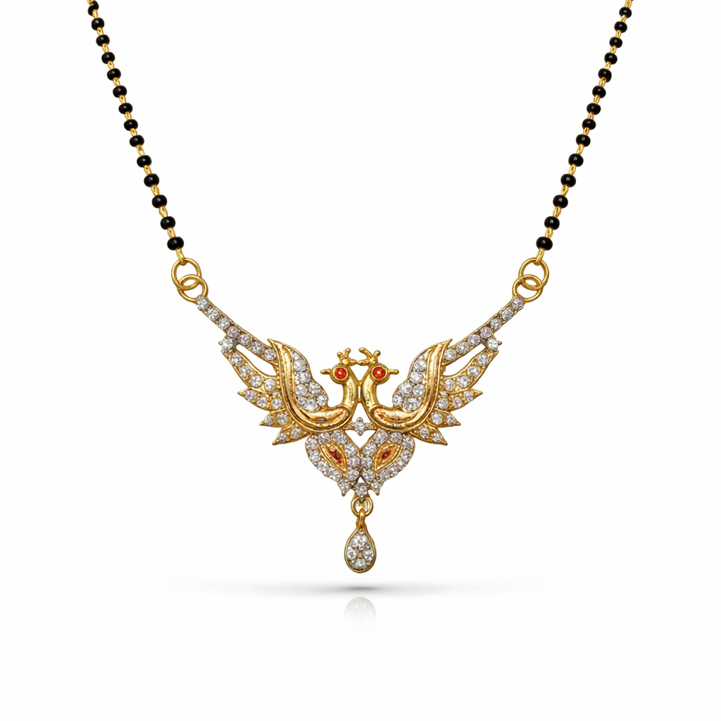 Gold AD Mangalsutra with peacock design on a white background