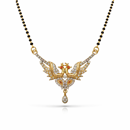 Gold AD Mangalsutra with peacock design on a white background