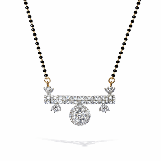 AD Mangalsutra with black beads and silver pendant on a white background