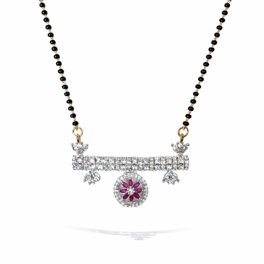 Delicate AD Mangalsutra with black beads and a silver pendant featuring a floral design on a white background