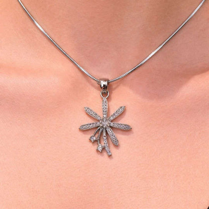 Silver necklace with a star-shaped pendant on a person's neck